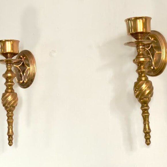 Pair of Vintage Gold Brass Wall Sconce  Candle Holder, Taper Candle Wall Decor - Picture 3 of 14